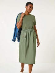 Roman Green 100% Cotton Utility T-Shirt Midi Dress - Image 1 of 5