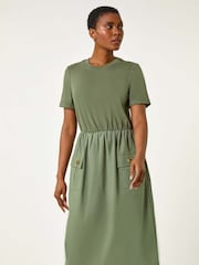 Roman Green 100% Cotton Utility T-Shirt Midi Dress - Image 3 of 5