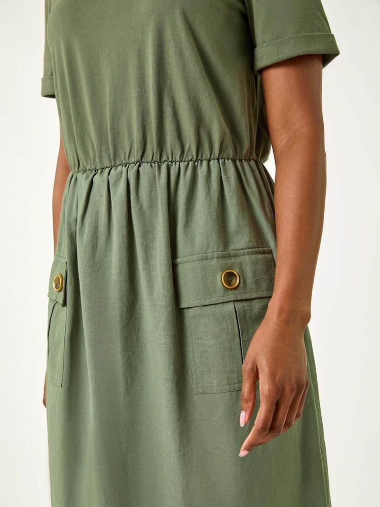 Roman Green 100% Cotton Utility T-Shirt Midi Dress - Image 5 of 5