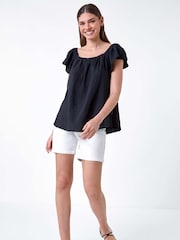 Roman Black Frill Detail Linen Blend Bardot Top - Image 2 of 5