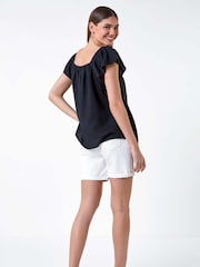 Roman Black Frill Detail Linen Blend Bardot Top - Image 3 of 5