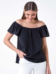 Roman Black Frill Detail Linen Blend Bardot Top - Image 4 of 5