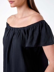 Roman Black Frill Detail Linen Blend Bardot Top - Image 5 of 5