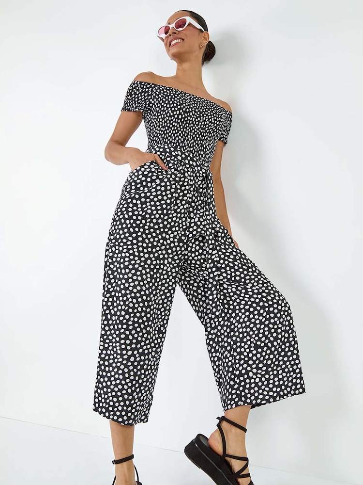 Dusk Polka Dot Shirred Stretch Bardot Jumpsuit - Изображение 1 из 5