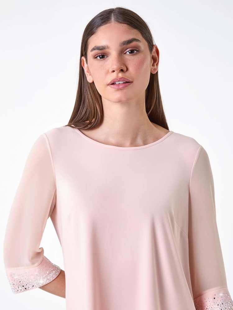 Roman Pink Sparkle Embellished Cuff Chiffon Top - Image 1 of 5