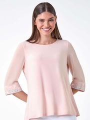 Roman Pink Sparkle Embellished Cuff Chiffon Top - Image 2 of 5