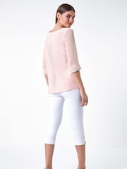 Roman Pink Sparkle Embellished Cuff Chiffon Top - Image 3 of 5