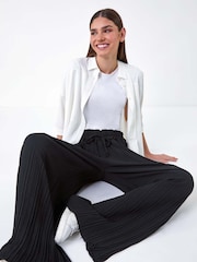 Roman Black Pleated Tie Waist Stretch Trousers - Image 2 of 5