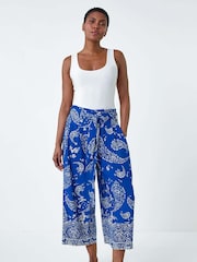Roman Blue Paisley Print Wide Leg Cropped Trousers - Image 2 of 5