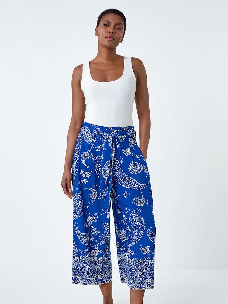 Roman Blue Paisley Print Wide Leg Cropped Trousers - Image 2 of 5
