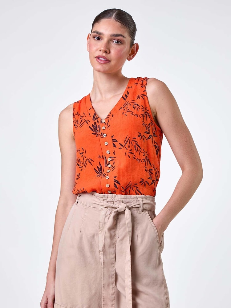 Roman Orange Leaf Print Button Detail Vest Top - Image 1 of 5