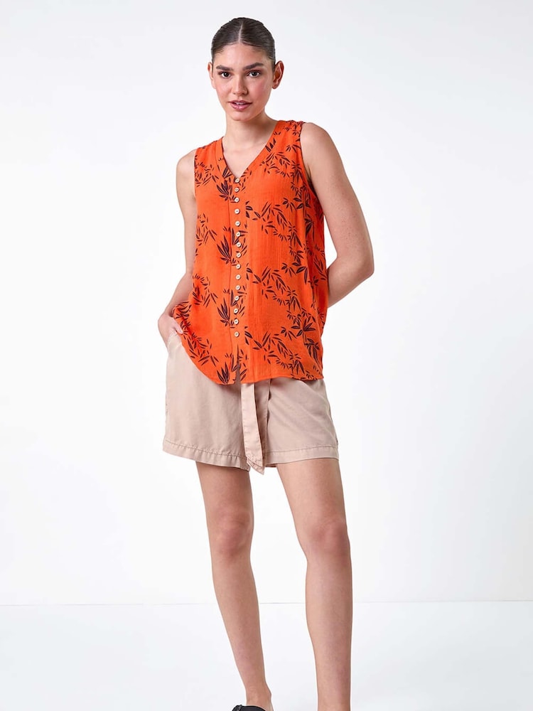 Roman Orange Leaf Print Button Detail Vest Top - Image 2 of 5