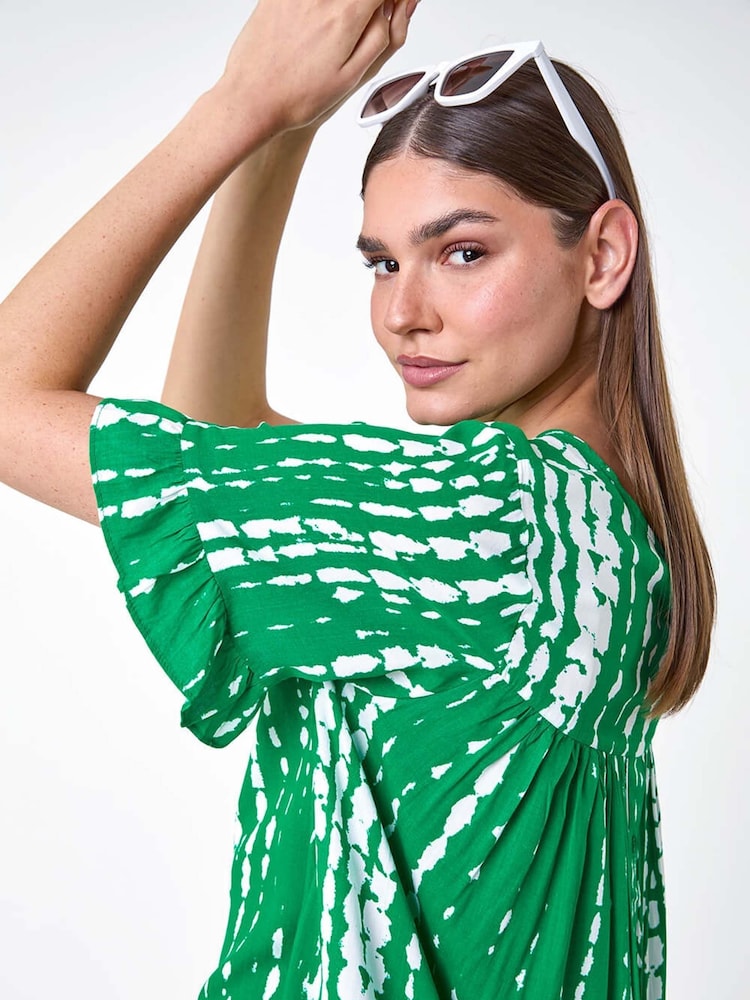 Roman Green Tie Dye Dipped Hem Frill Detail Top - Image 1 of 5