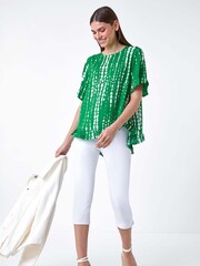 Roman Green Tie Dye Dipped Hem Frill Detail Top - Image 2 of 5