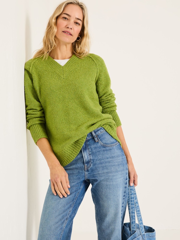 FatFace Green Bonnie Boucle V-Neck Jumper - Image 1 of 5