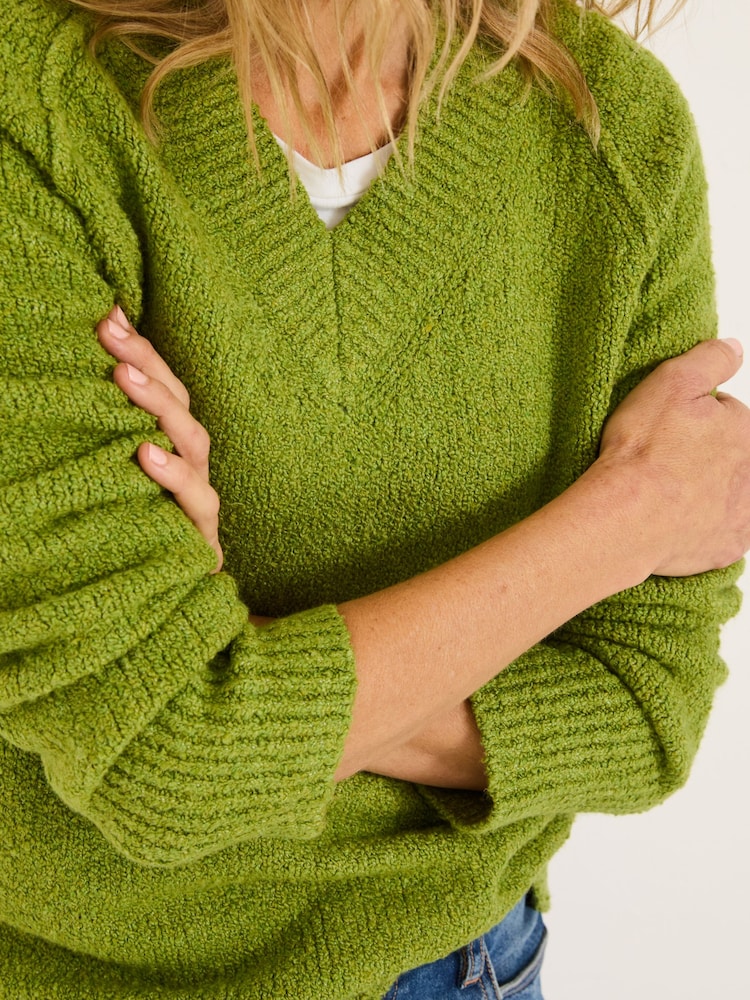 FatFace Green Bonnie Boucle V-Neck Jumper - Image 4 of 5
