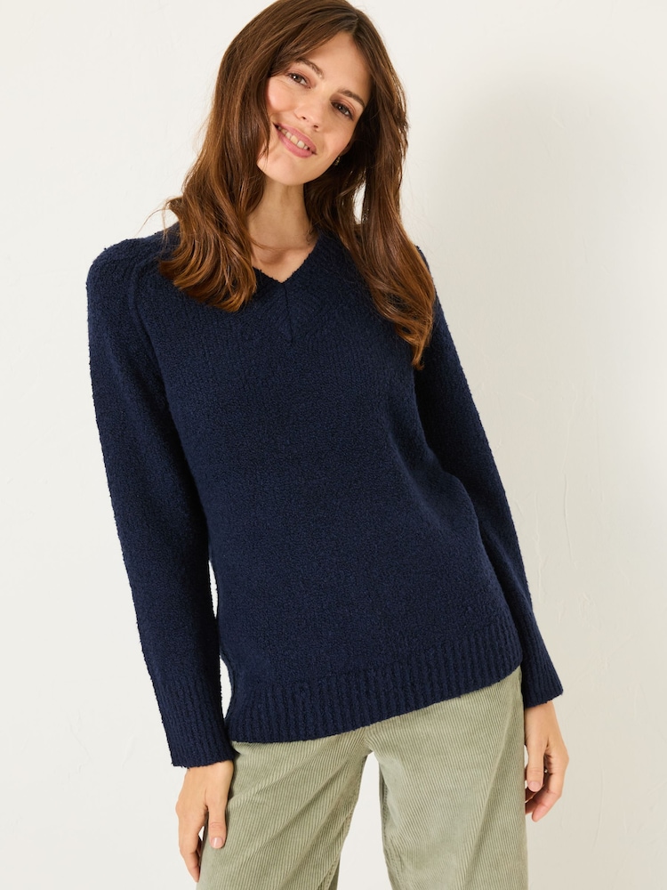 FatFace Navy Bonnie Boucle V-Neck Jumper - Image 1 of 10