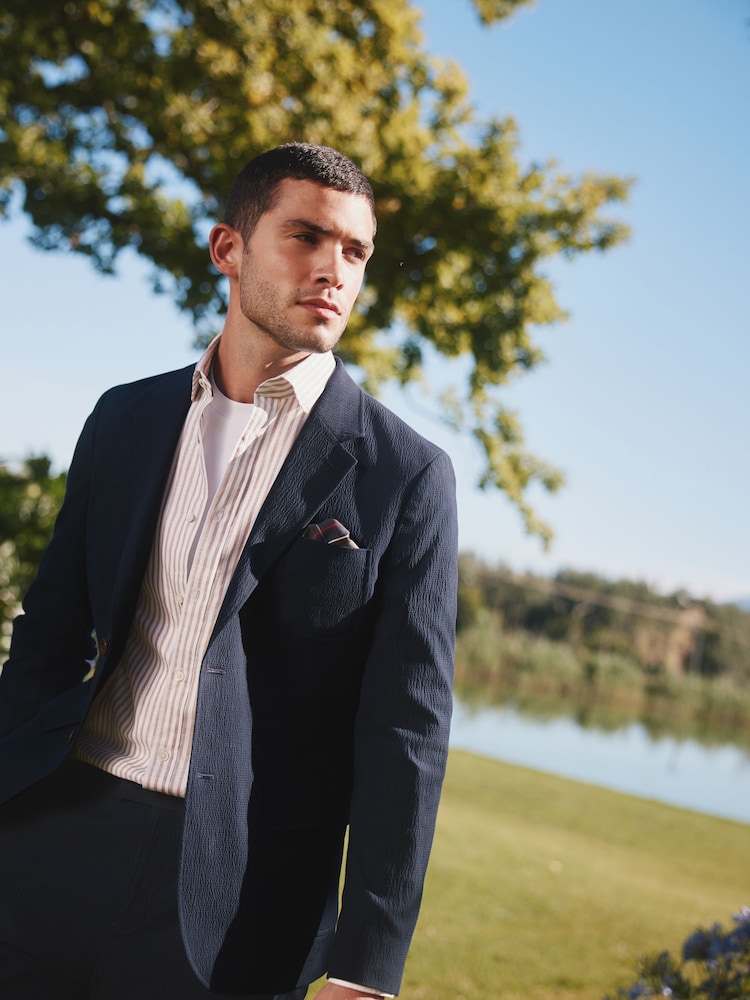 Barbour® Navy Slim Fit  Seersucker Suit Jacket - Image 1 of 10