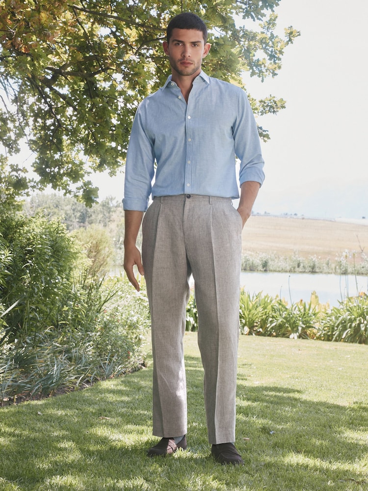 Barbour® Taupe Brown Slim Fit Suit 100% Linen Trousers - Image 1 of 4