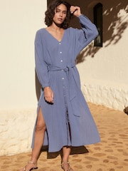 Blue Textured Crinkle Cover-Up With Linen - Image 1 of 5
