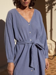 Blue Textured Crinkle Cover-Up With Linen - Image 3 of 5