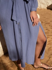 Blue Textured Crinkle Cover-Up With Linen - Image 5 of 5