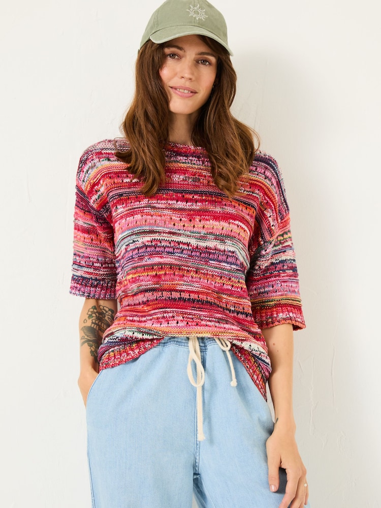FatFace Pink Magda Knitted Pointelle 100% Cotton T-Shirt - Image 1 of 6