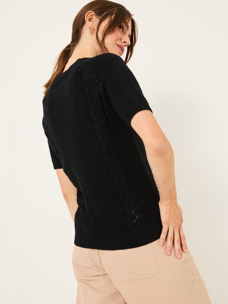 FatFace Mila Black Cable Knitted T-Shirt - Image 2 of 5