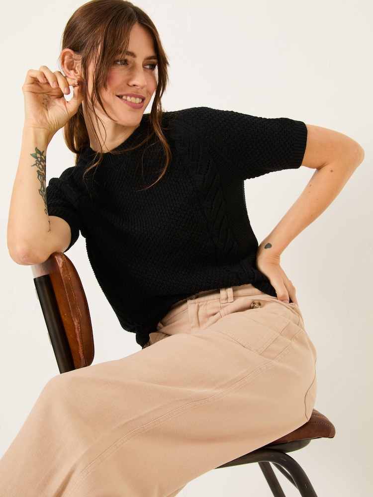FatFace Mila Black Cable Knitted T-Shirt - Image 3 of 5