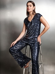 Navy Sequin V-Neck Sleeveless Top - Image 2 of 5