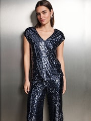 Navy Sequin V-Neck Sleeveless Top - Image 3 of 5