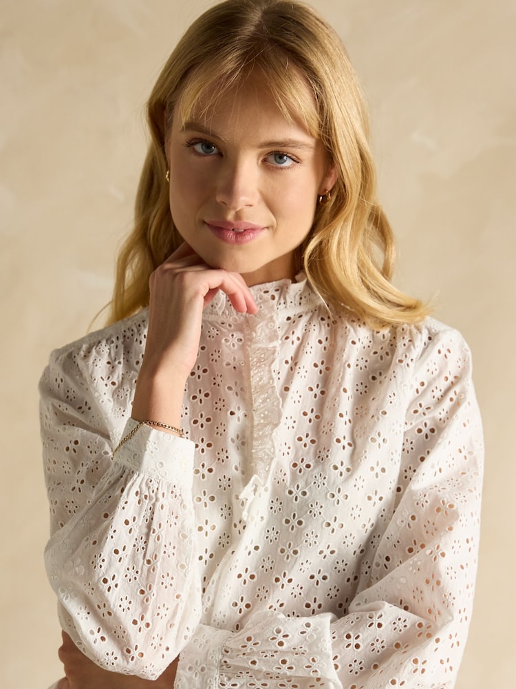 Joules Melanie White Cotton Broderie Blouse - Image 4 of 7
