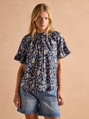 Joules Melissa Navy Short Sleeve Cotton Blouse - Image 1 of 8