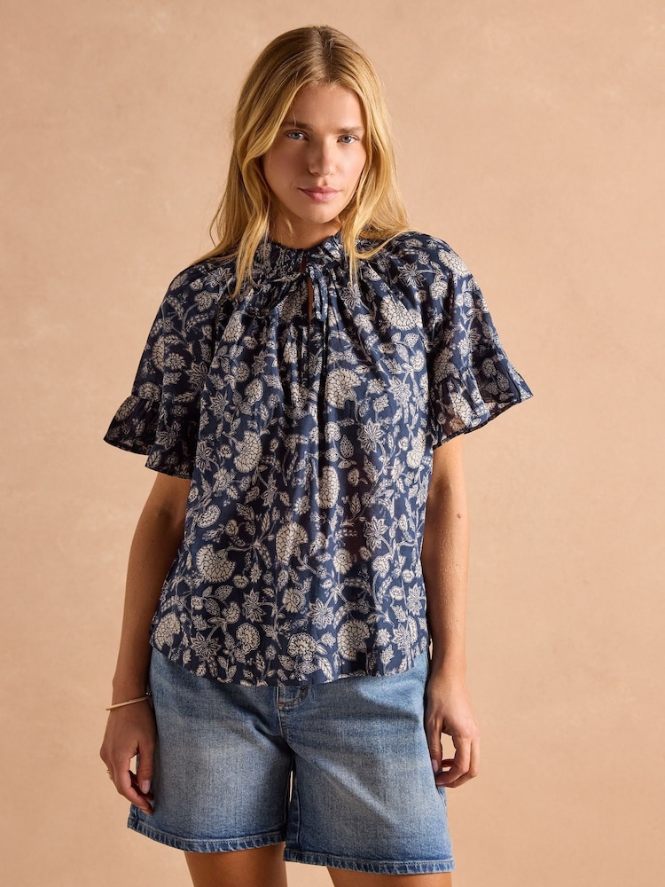 Joules Melissa Navy Short Sleeve Cotton Blouse - Image 1 of 8