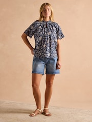 Joules Melissa Navy Short Sleeve Cotton Blouse - Image 4 of 8