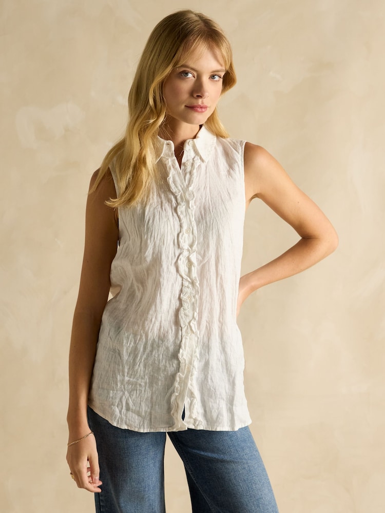 Joules Selene White 100% Linen Sleeveless Shirt - Image 1 of 6