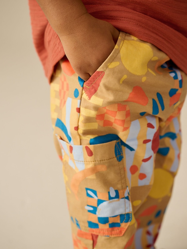 Tan Printed Side Pocket 100% Cotton Pull On Trousers (3mths-7yrs) - Image 5 of 9