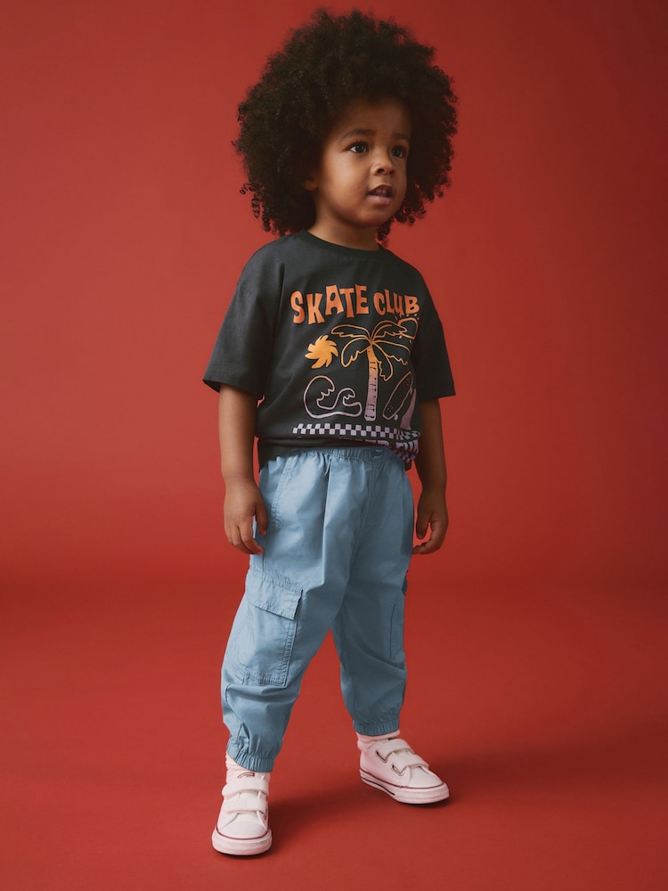 Mid Blue 100% Cotton Baggy Cargo Trousers with Toggle Waist (3mths-7yrs) - Image 2 of 8 Mid Blue 100% Cotton Baggy Cargo Trousers with Toggle Waist (3mths-7yrs) - Image 2 of 8