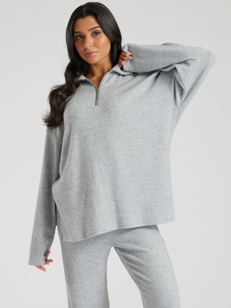 Loungeable Grey Soft Knit 1/4 Zip Top - Image 1 of 4
