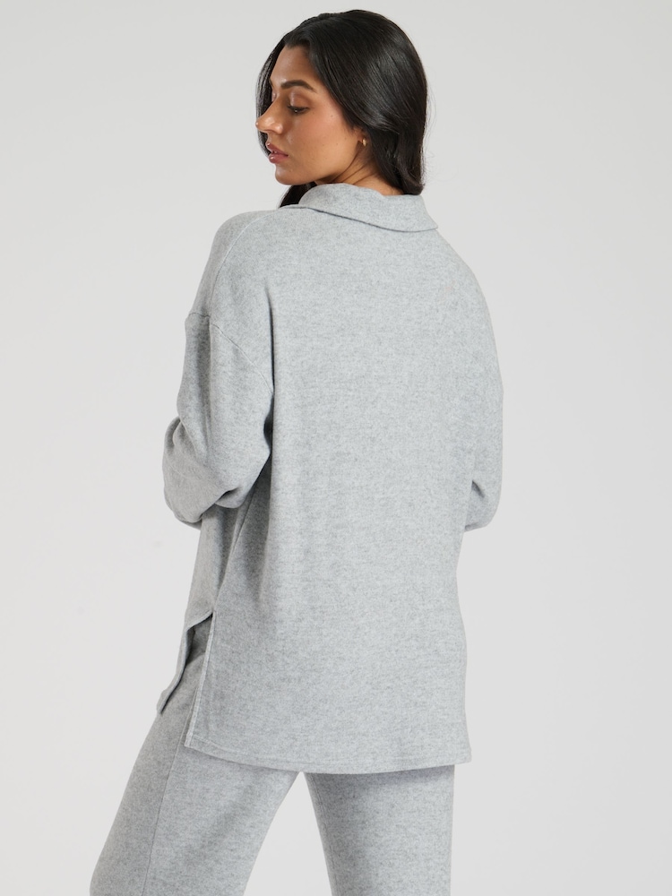 Loungeable Grey Soft Knit 1/4 Zip Top - Image 2 of 4