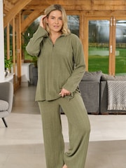 Loungeable Green Irregular Brushed Rib Wide Leg Trousers - Image 1 of 3