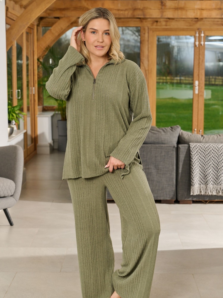 Loungeable Green Irregular Brushed Rib Wide Leg Trousers - Image 1 of 3