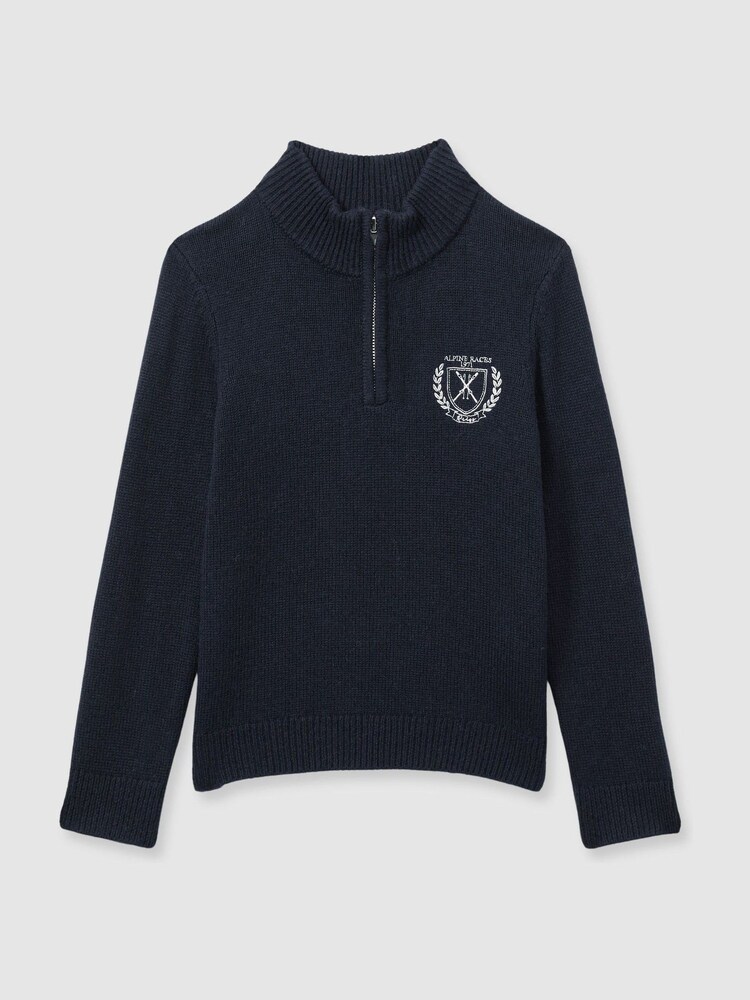 Reiss Navy Mathieu 13-14 yrs Embroidered Quarter Zip Jumper with Cashmere Wool and Cotton - Image 1 of 4