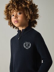 Reiss Navy Mathieu 13-14 yrs Embroidered Quarter Zip Jumper with Cashmere Wool and Cotton - Image 2 of 4