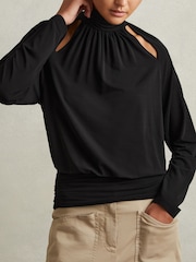 Reiss Black Adrienne Cut-Out Blouson Waist Top - Image 1 of 5