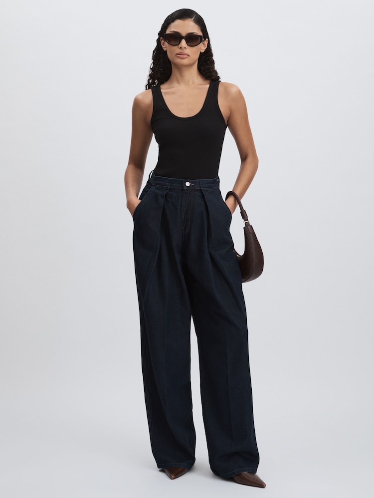 Good American Dark Blue Good American Wide-Leg Pleated Jeans - Image 1 of 5