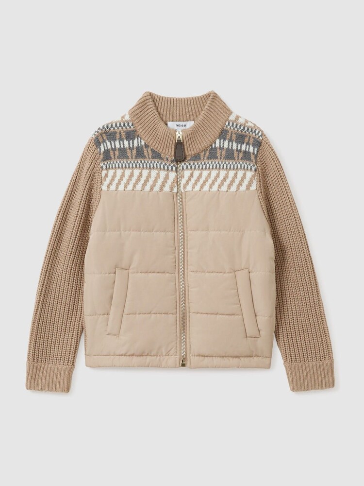 Reiss Oatmeal Melange Kingsway 13-14 yrs Hybrid Knit and Quilt Funnel Neck Jacket - Image 1 of 4
