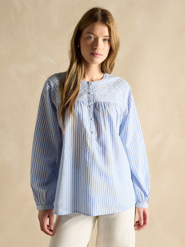 Joules Amelie Blue/White Embroidered Cotton Blouse - Image 1 of 6