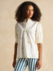 Joules Elle Cream Lemon Embroidered Frill Neck Cotton Blouse - Image 1 of 6