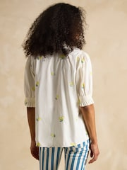 Joules Elle Cream Lemon Embroidered Frill Neck Cotton Blouse - Image 2 of 6